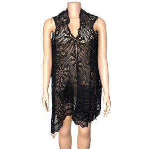 Rooted Soul Women's Black Lace Kimono Style Vest With Pockets Black One Size